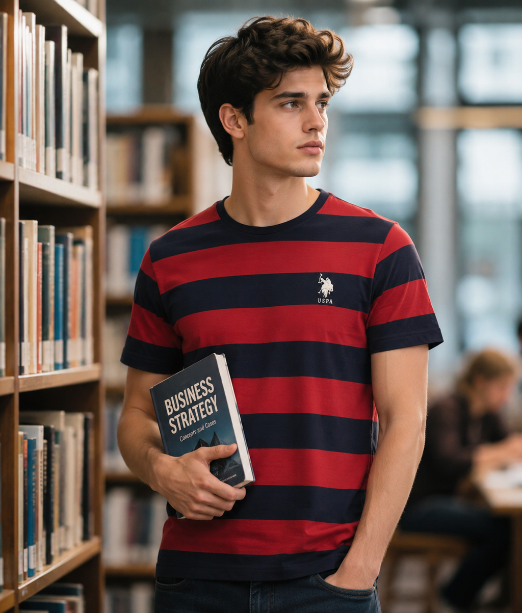 Men Red & Navy Blue Striped Comfort-Fit Lounge T-Shirt