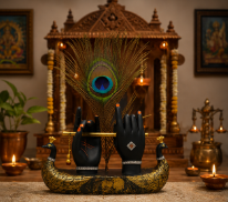 Mariner's Creation Decorative Krishna Hand Showpiece with Metal Flute and Peacock Feather for Home Decor Living Room and Pooja Room and Gift, Black and Gold Base, 23x6x15 cm, Religious Home Decor