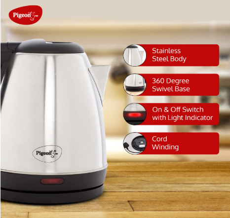Pigeon Amaze Plus Electric Kettle 1.5 L, 1300 Watt, Stainless Steel Body with Auto Shut-off Feature Used for Boiling Water - (Silver)