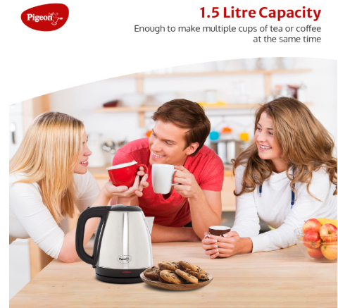 Pigeon Amaze Plus Electric Kettle 1.5 L, 1300 Watt, Stainless Steel Body with Auto Shut-off Feature Used for Boiling Water - (Silver)