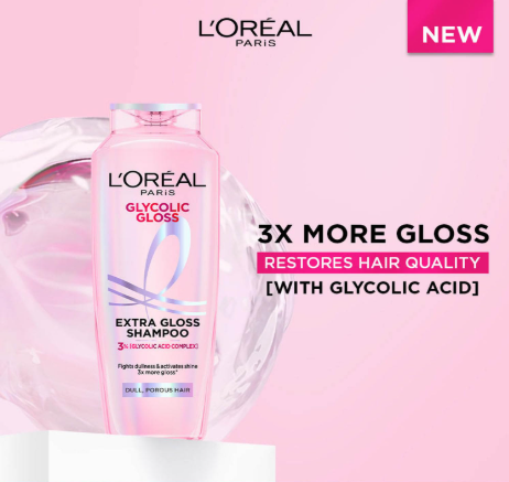 L’Oréal Paris Glycolic Gloss Shine Boosting Shampoo, powered by 3% Glycolic Acid, for dull hair, restores hair quality for gives 3x more gloss, 340ml