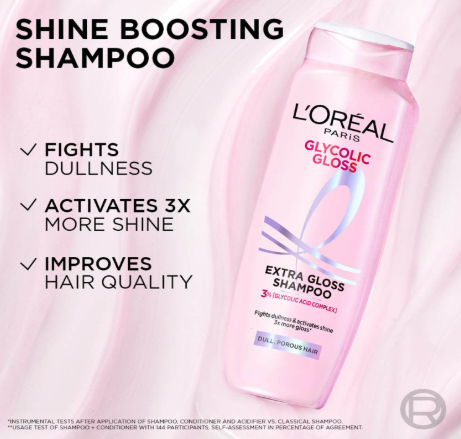 L’Oréal Paris Glycolic Gloss Shine Boosting Shampoo, powered by 3% Glycolic Acid, for dull hair, restores hair quality for gives 3x more gloss, 340ml