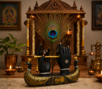 Mariner's Creation Decorative Krishna Hand Showpiece with Metal Flute and Peacock Feather for Home Decor Living Room and Pooja Room and Gift, Black and Gold Base, 23x6x15 cm, Religious Home Decor