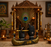 Mariner's Creation Decorative Krishna Hand Showpiece with Metal Flute and Peacock Feather for Home Decor Living Room and Pooja Room and Gift, Black and Gold Base, 23x6x15 cm, Religious Home Decor