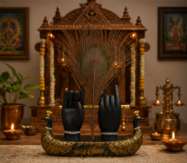 Mariner's Creation Decorative Krishna Hand Showpiece with Metal Flute and Peacock Feather for Home Decor Living Room and Pooja Room and Gift, Black and Gold Base, 23x6x15 cm, Religious Home Decor