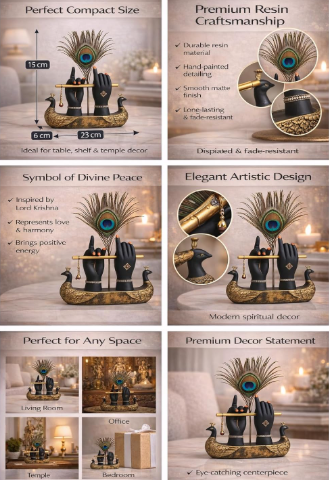 Mariner's Creation Decorative Krishna Hand Showpiece with Metal Flute and Peacock Feather for Home Decor Living Room and Pooja Room and Gift, Black and Gold Base, 23x6x15 cm, Religious Home Decor